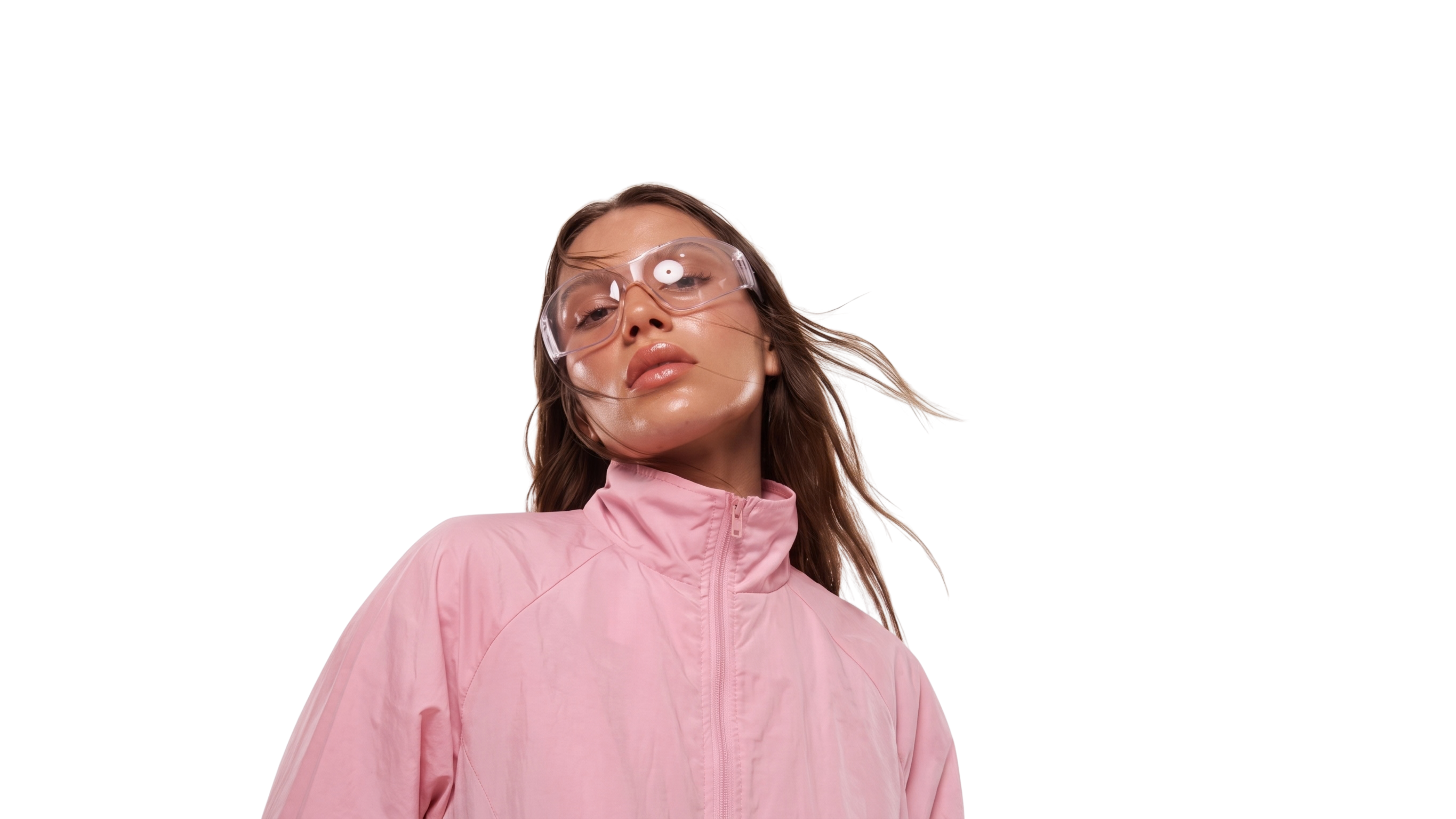 Model wearing a pink Miravel high-neck jacket and translucent glasses